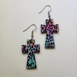 Animal print Cross Wood Dangle Drop Casual Earrings
